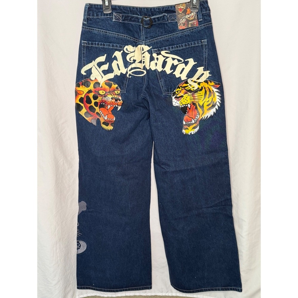 Ed Hardy Tiger Leopard Baggy Jeans Y2K Medium Wash Size 28